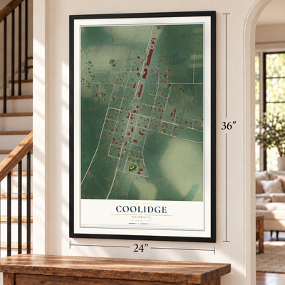 Coolidge, Georgia map, 24 x 36 inch print in a black frame by a staircase