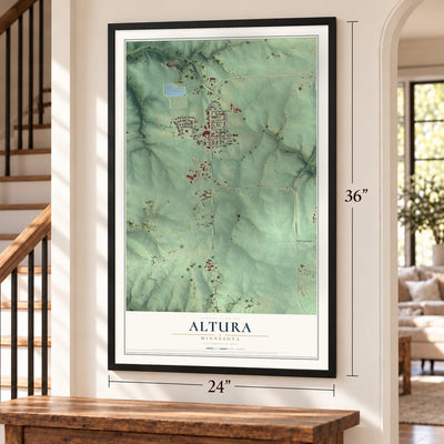 Altura, Minnesota map, 24 x 36 inch print in a black frame by a staircase