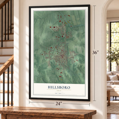 Hillsboro, Ohio map, 24 x 36 inch print in a black frame by a staircase