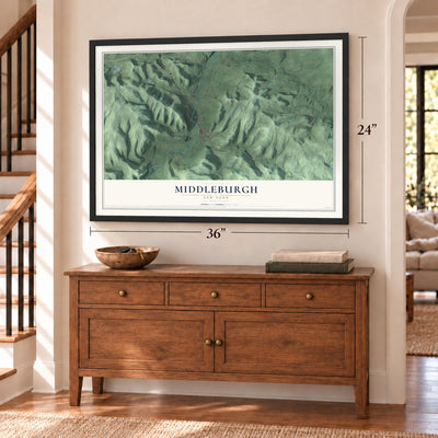 Middleburgh, New York map, 24 x 36 inch print in a black frame above a dresser by a staircase
