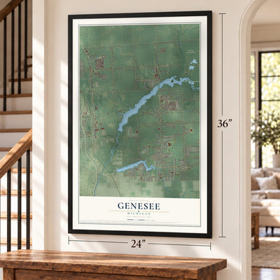 Genesee, Michigan map, 24 x 36 inch print in a black frame by a staircase