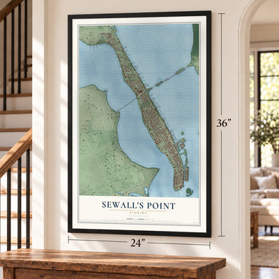 Sewall's Point, Florida map, 24 x 36 inch print in a black frame by a staircase