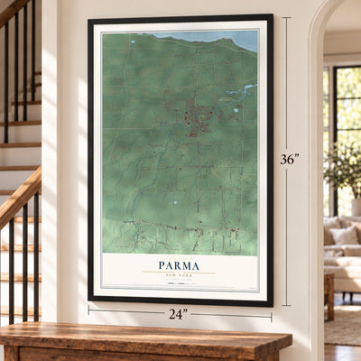 Parma, New York map, 24 x 36 inch print in a black frame by a staircase