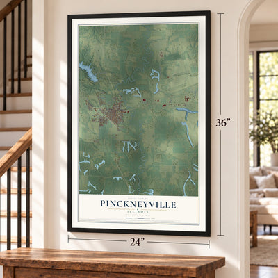 Pinckneyville, Illinois map, 24 x 36 inch print in a black frame by a staircase