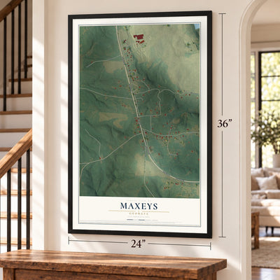 Maxeys, Georgia map, 24 x 36 inch print in a black frame by a staircase