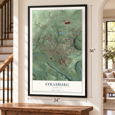 Strasburg, Virginia map, 24 x 36 inch print in a black frame by a staircase