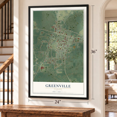 Greenville, Florida map, 24 x 36 inch print in a black frame by a staircase