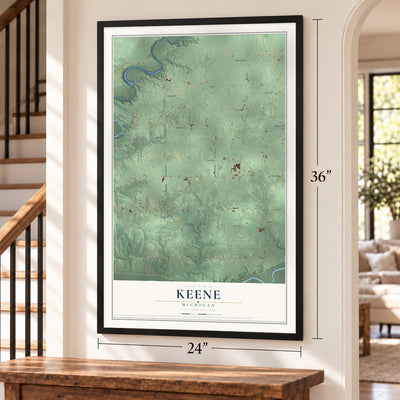 Keene, Michigan map, 24 x 36 inch print in a black frame by a staircase