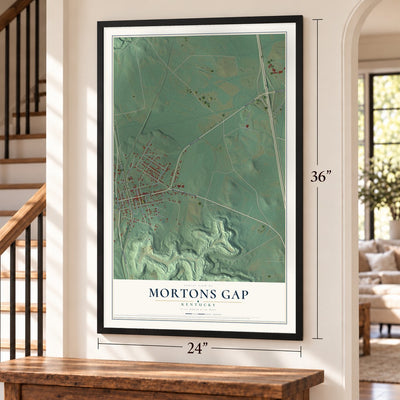 Mortons Gap, Kentucky map, 24 x 36 inch print in a black frame by a staircase