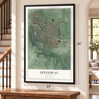 Speedway, Indiana map, 24 x 36 inch print in a black frame by a staircase