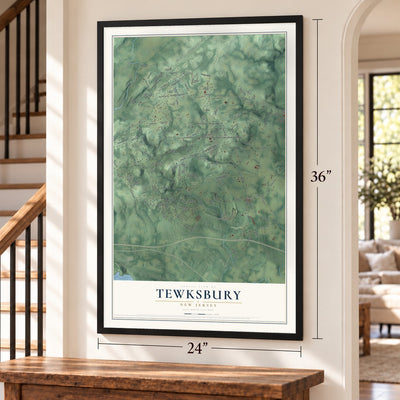 Tewksbury, New Jersey map, 24 x 36 inch print in a black frame by a staircase