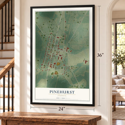 Pinehurst, Georgia map, 24 x 36 inch print in a black frame by a staircase