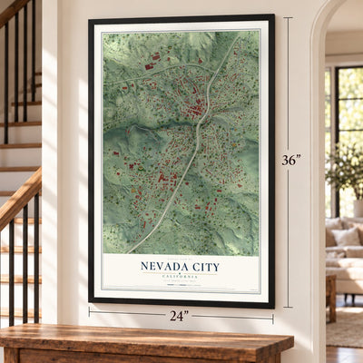 Nevada City, California map, 24 x 36 inch print in a black frame by a staircase