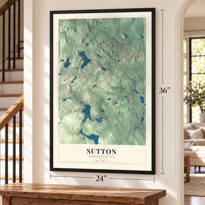 Sutton, Massachusetts map, 24 x 36 inch print in a black frame by a staircase