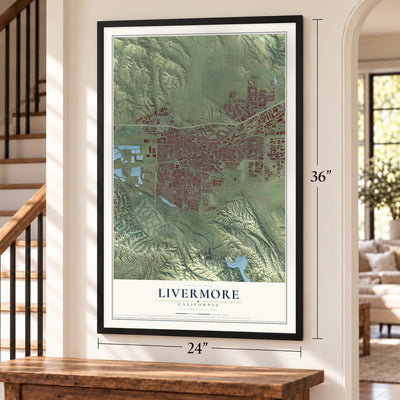 Livermore, California map, 24 x 36 inch print in a black frame by a staircase
