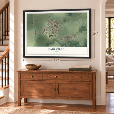 Earlville, Illinois map, 24 x 36 inch print in a black frame above a dresser by a staircase