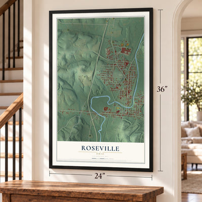 Roseville, Ohio map, 24 x 36 inch print in a black frame by a staircase