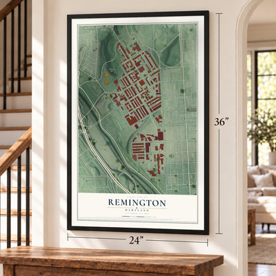 Remington, Maryland map, 24 x 36 inch print in a black frame by a staircase