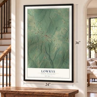 Lowrys, South Carolina map, 24 x 36 inch print in a black frame by a staircase