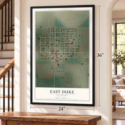 East Duke, Oklahoma map, 24 x 36 inch print in a black frame by a staircase