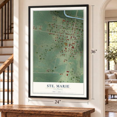 Ste. Marie, Illinois map, 24 x 36 inch print in a black frame by a staircase