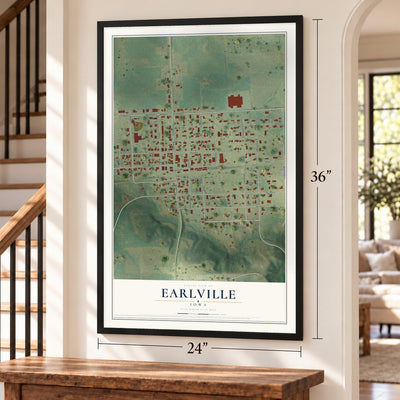 Earlville, Iowa map, 24 x 36 inch print in a black frame by a staircase