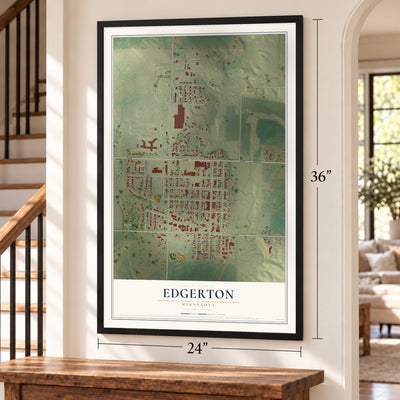 Edgerton, Minnesota map, 24 x 36 inch print in a black frame by a staircase