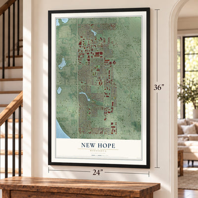 New Hope, Minnesota map, 24 x 36 inch print in a black frame by a staircase