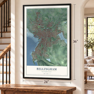 Bellingham, Washington map, 24 x 36 inch print in a black frame by a staircase