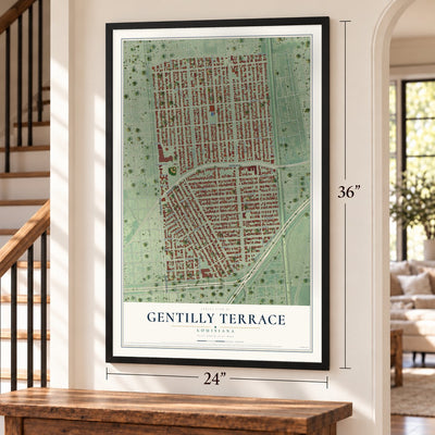 Gentilly Terrace, Louisiana map, 24 x 36 inch print in a black frame by a staircase