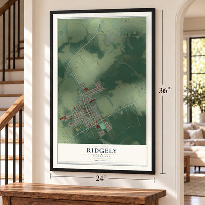 Ridgely, Maryland map, 24 x 36 inch print in a black frame by a staircase