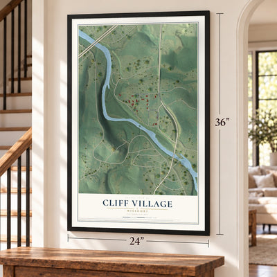 Cliff Village, Missouri map, 24 x 36 inch print in a black frame by a staircase