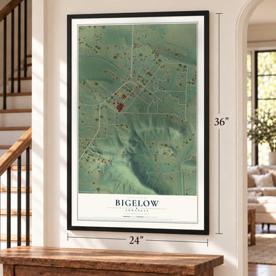 Bigelow, Arkansas map, 24 x 36 inch print in a black frame by a staircase