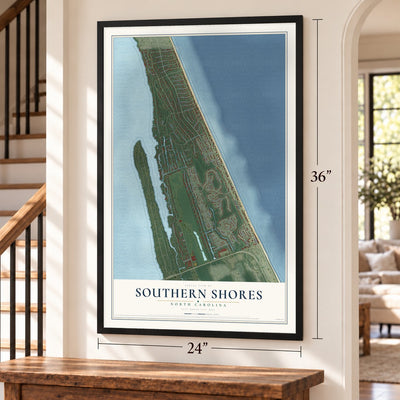 Southern Shores, North Carolina map, 24 x 36 inch print in a black frame by a staircase