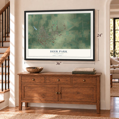 Deer Park, Washington map, 24 x 36 inch print in a black frame above a dresser by a staircase