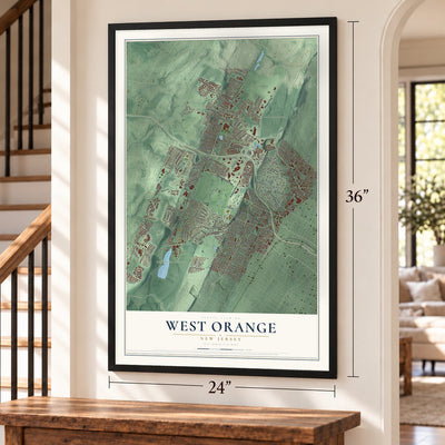 West Orange, New Jersey map, 24 x 36 inch print in a black frame by a staircase