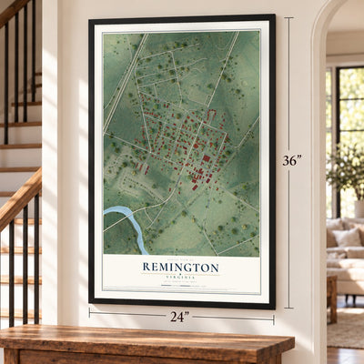 Remington, Virginia map, 24 x 36 inch print in a black frame by a staircase