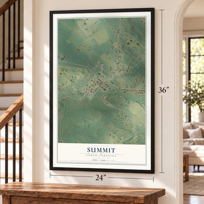 Summit, South Carolina map, 24 x 36 inch print in a black frame by a staircase