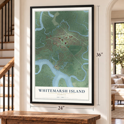 Whitemarsh Island, Georgia map, 24 x 36 inch print in a black frame by a staircase