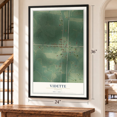 Vidette, Georgia map, 24 x 36 inch print in a black frame by a staircase