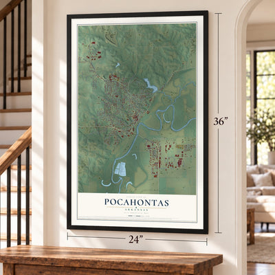 Pocahontas, Arkansas map, 24 x 36 inch print in a black frame by a staircase
