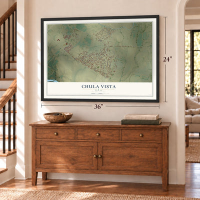 Chula Vista, Texas map, 24 x 36 inch print in a black frame above a dresser by a staircase