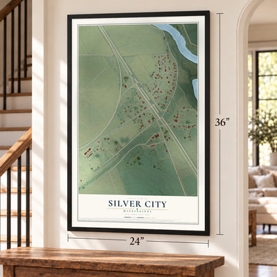 Silver City, Mississippi map, 24 x 36 inch print in a black frame by a staircase