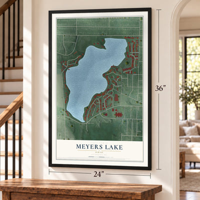 Meyers Lake, Ohio map, 24 x 36 inch print in a black frame by a staircase