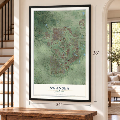Swansea, Illinois map, 24 x 36 inch print in a black frame by a staircase