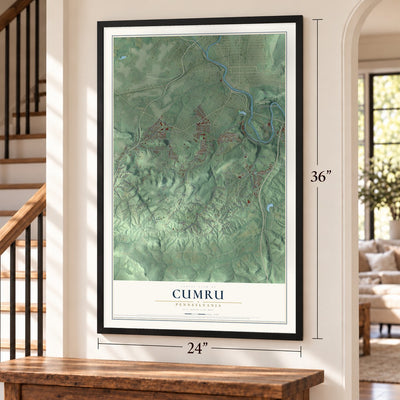 Cumru, Pennsylvania map, 24 x 36 inch print in a black frame by a staircase