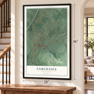Fairchance, Pennsylvania map, 24 x 36 inch print in a black frame by a staircase