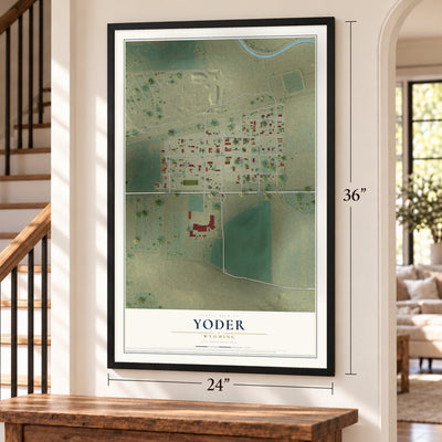 Yoder, Wyoming map, 24 x 36 inch print in a black frame by a staircase