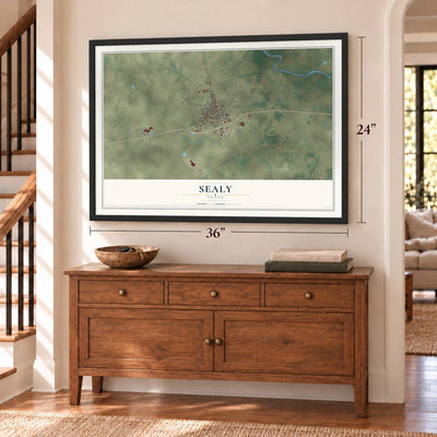 Sealy, Texas map, 24 x 36 inch print in a black frame above a dresser by a staircase