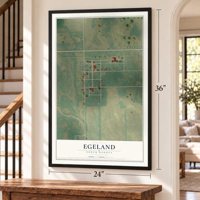 Egeland, North Dakota map, 24 x 36 inch print in a black frame by a staircase